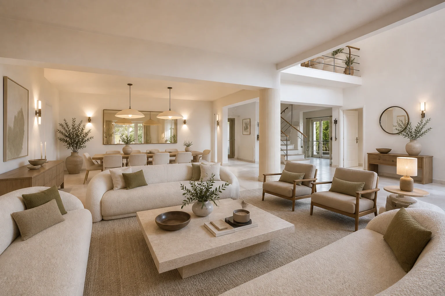 The open plan living room, with the upper landing visible above. AI-generated renovation concept, not a photograph of the house today.