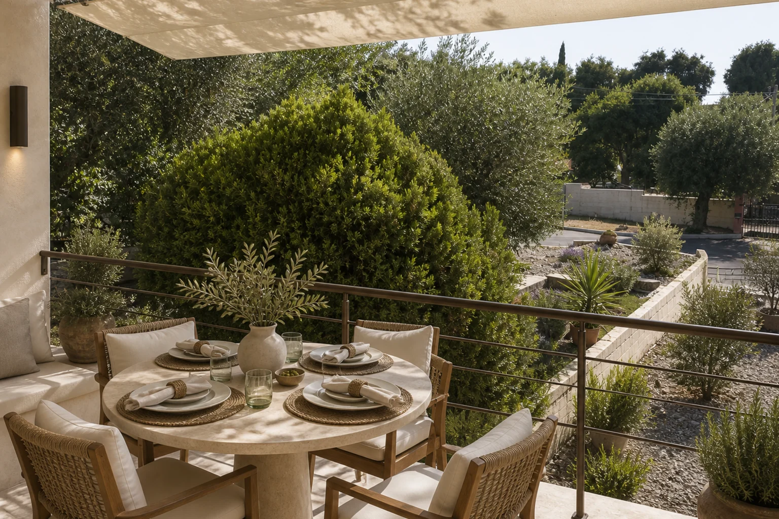 The outdoor breakfast terrace under the trees. AI-generated renovation concept, not a photograph of the house today.