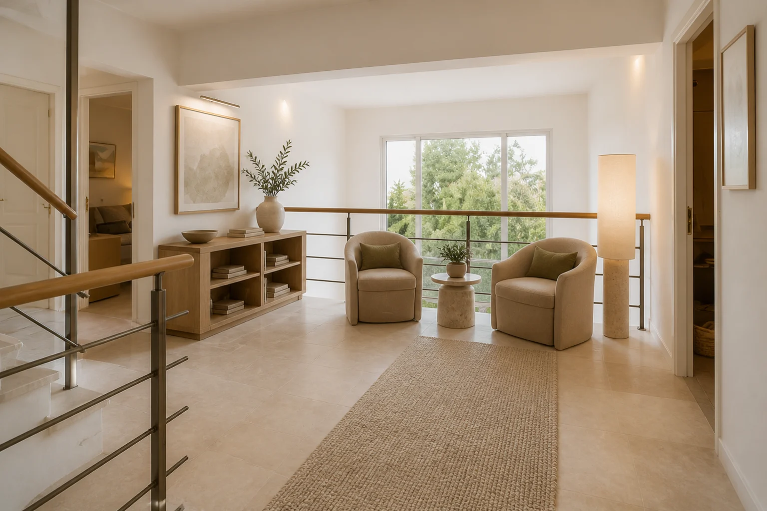 The upper landing, open to the living room below. AI-generated renovation concept, not a photograph of the house today.