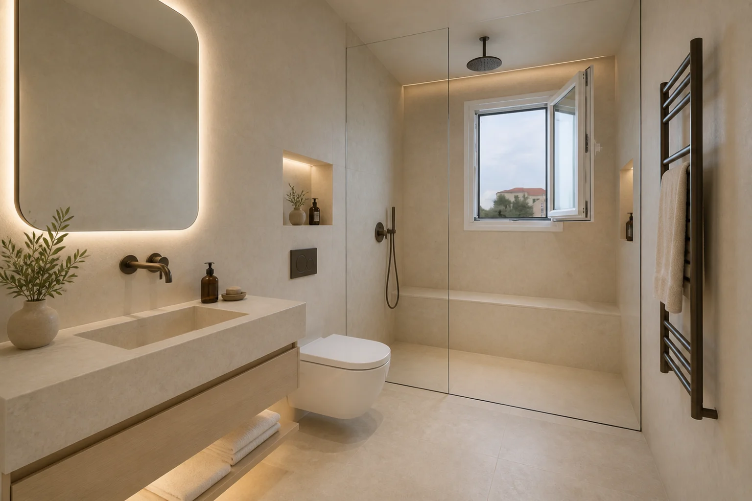 The spa bathroom, with a freestanding bath. AI-generated renovation concept, not a photograph of the house today.